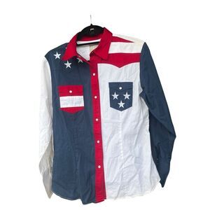 Roper Mens Medium Pearl Snap Flag Shirt Western Cowboy Red White Blue equestrian